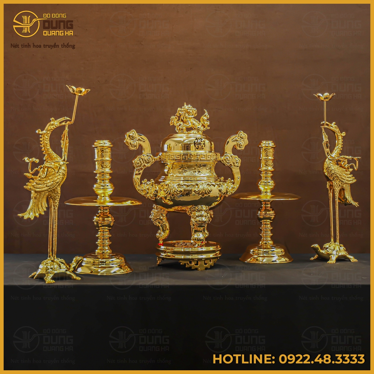 Bộ đỉnh đồng ngũ sự bằng đồng vàng mạ vàng