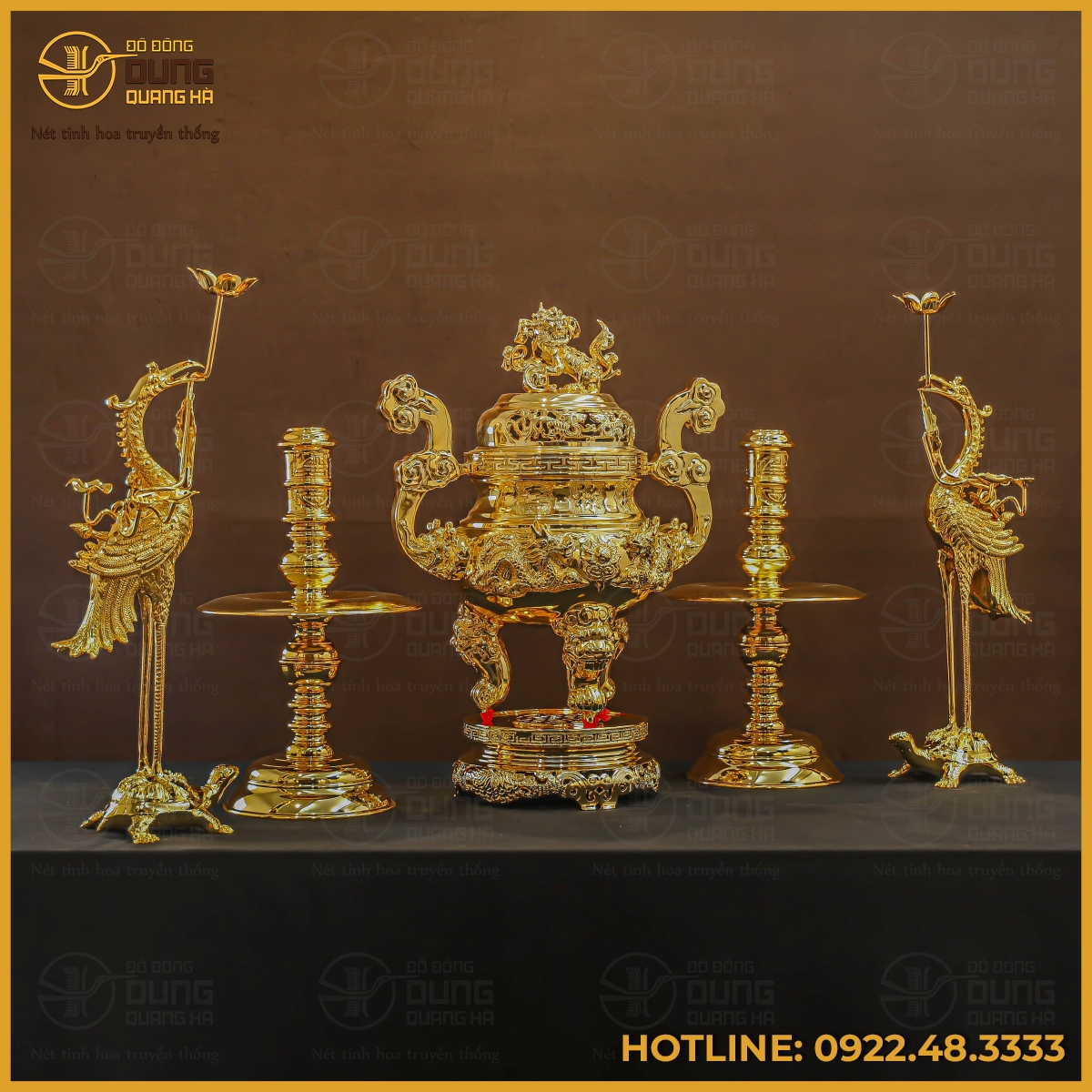 Bộ đỉnh đồng ngũ sự bằng đồng vàng mạ vàng