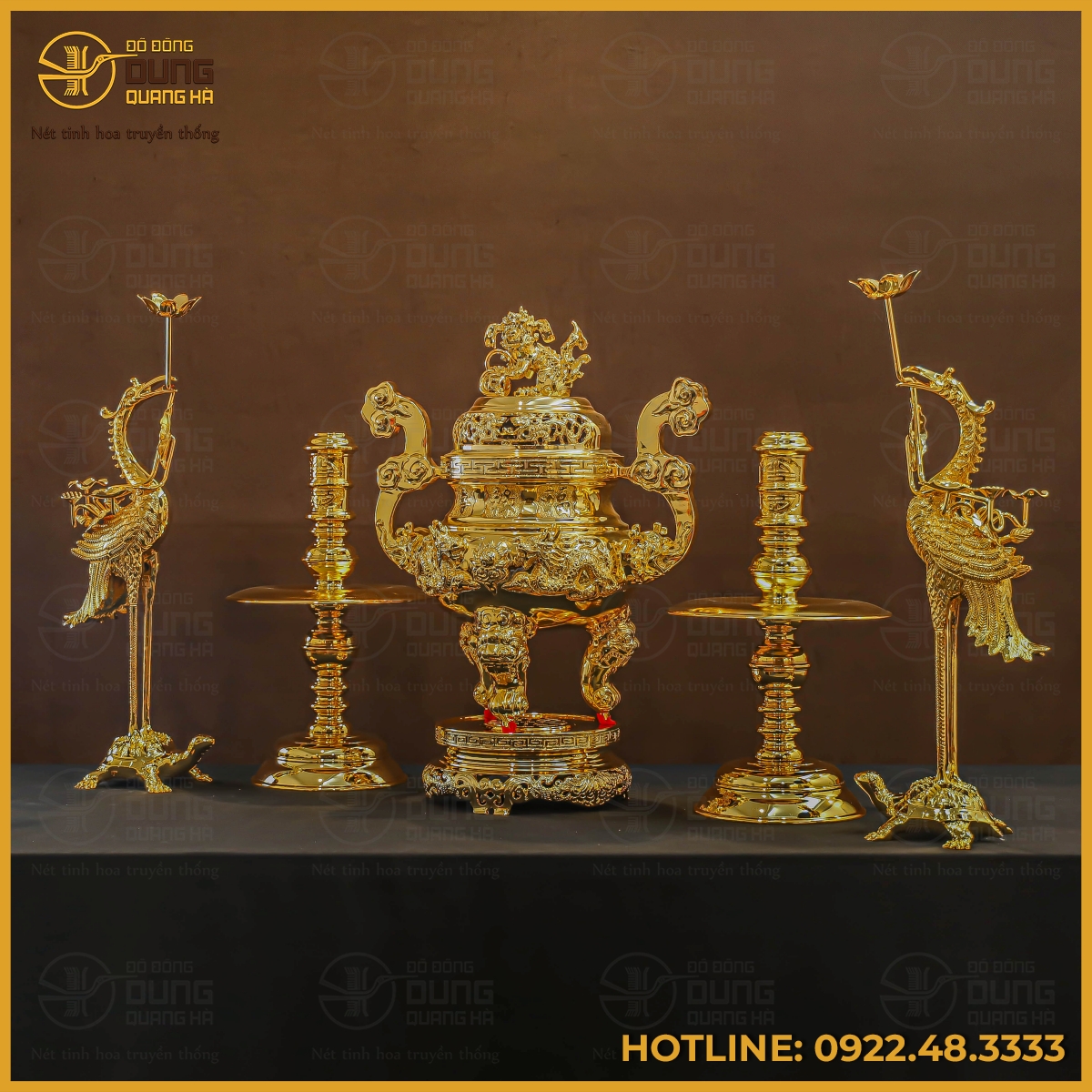 Bộ đỉnh đồng ngũ sự bằng đồng vàng mạ vàng