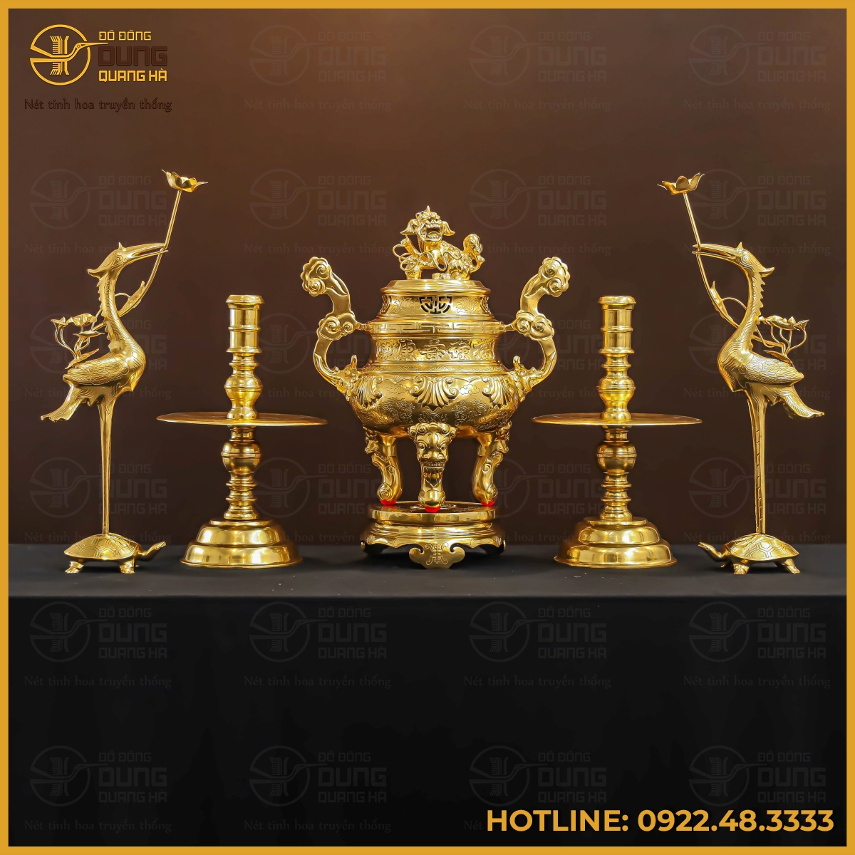 Bộ đỉnh đồng ngũ sự bằng đồng đỏ dát vàng