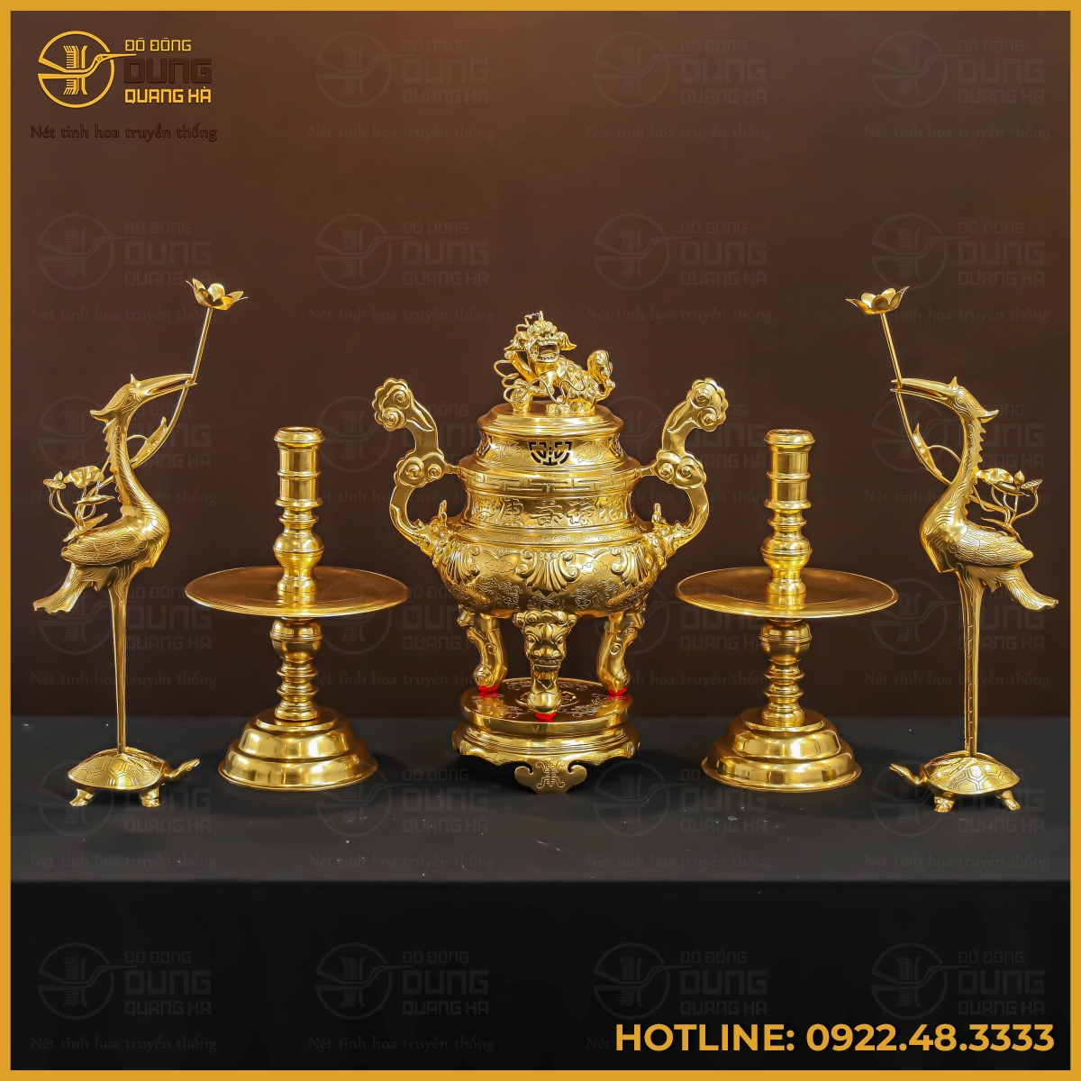 Bộ đỉnh đồng ngũ sự bằng đồng đỏ dát vàng