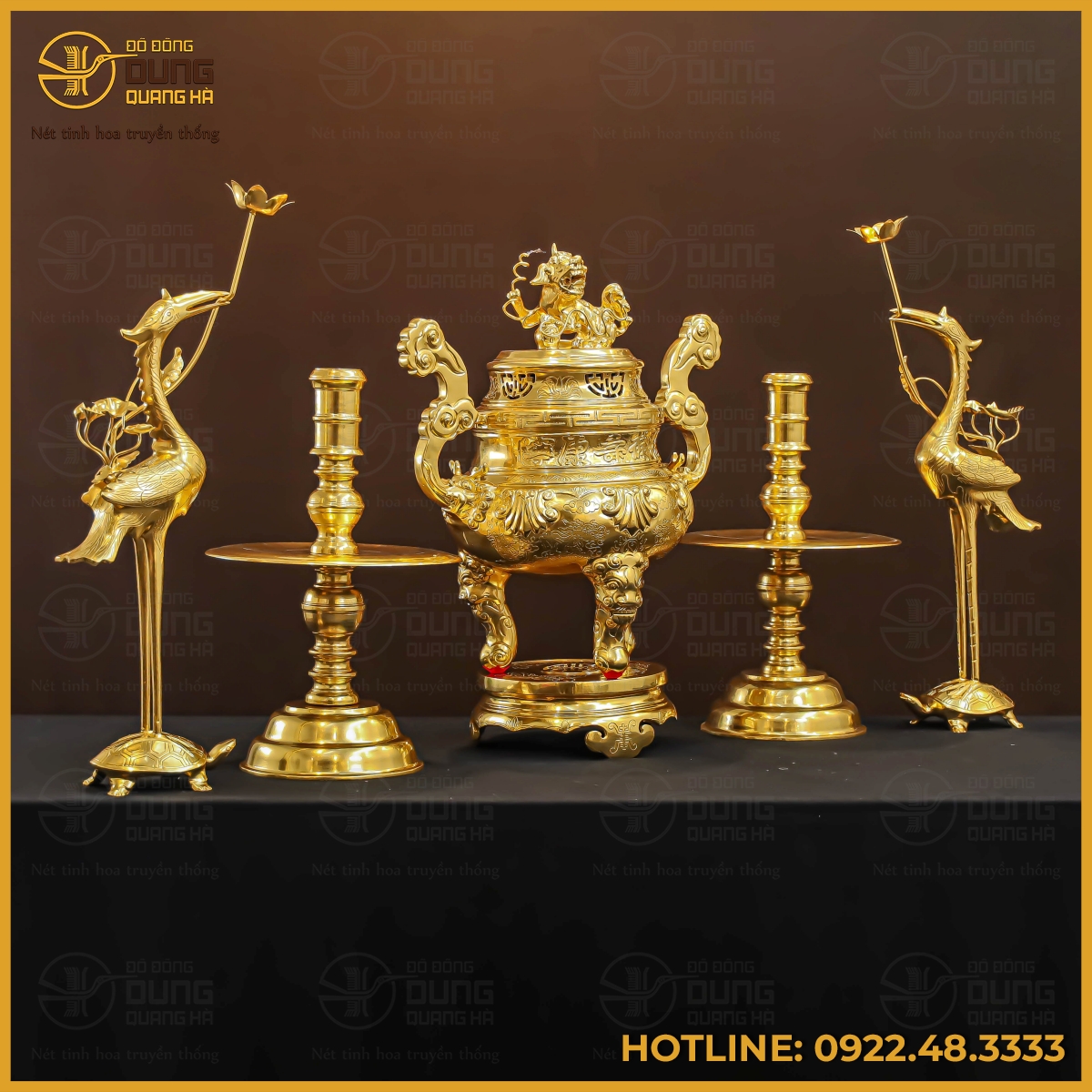 Bộ đỉnh đồng ngũ sự bằng đồng đỏ dát vàng