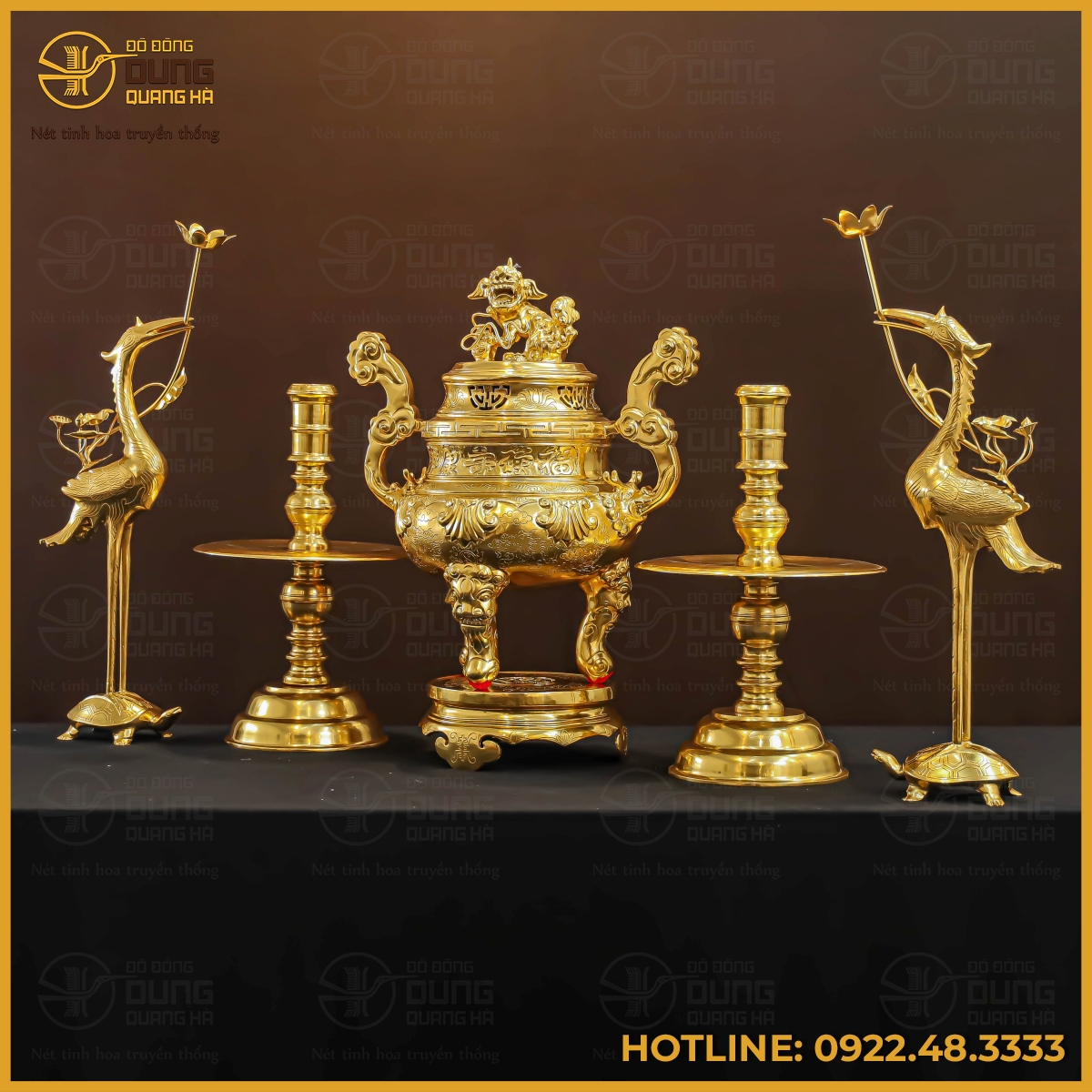 Bộ đỉnh đồng ngũ sự bằng đồng đỏ dát vàng