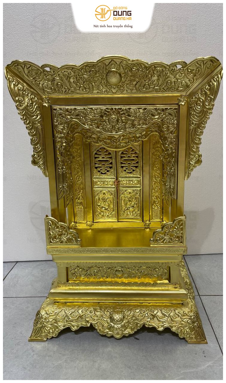 Khám thờ gia tiên bằng đồng vàng mộc chạm rồng cao 68cm