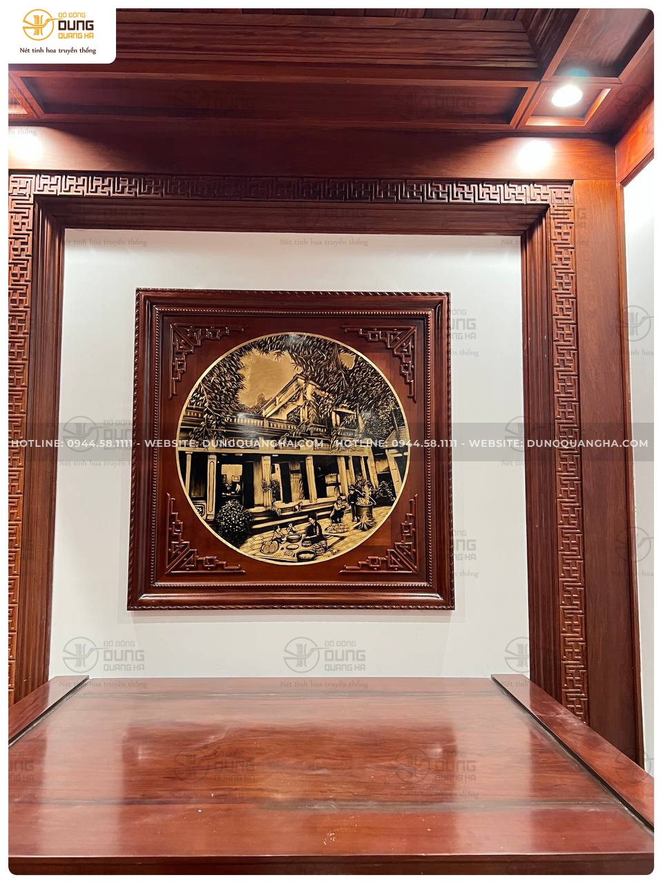 Bàn giao và lắp đặt khách Hà Nội: Mặt trống 80cm đồng đỏ khung gỗ gụ 1m08 - Bác Hồ bán thân đồng đỏ 80cm - Chuông bát đường kính 26cm - 3 Bát hương khảm tam khí dát điểm vàng