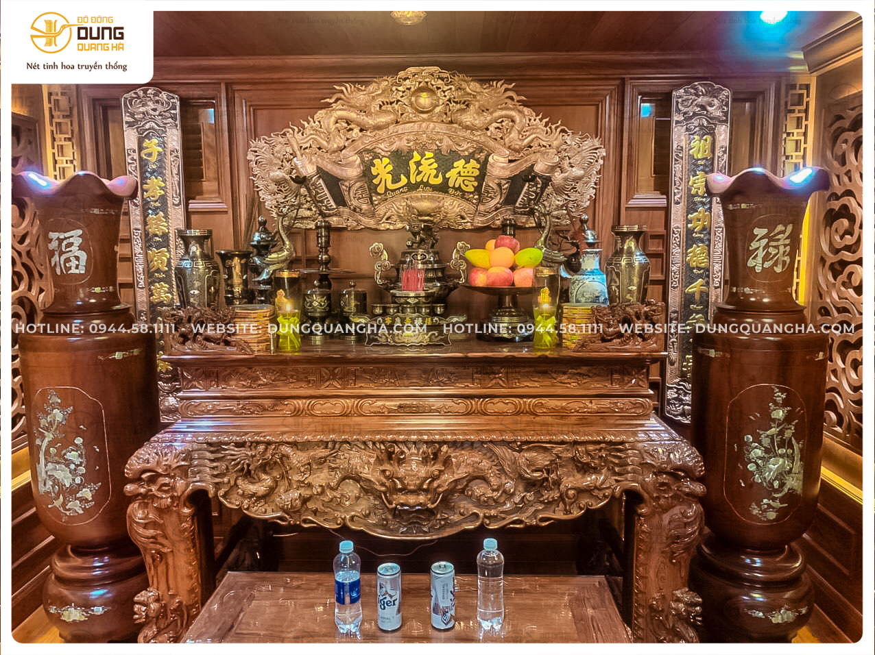 Bàn giao bộ đồ thờ khảm ngũ sắc + bộ cuốn thư câu đối dát chữ vàng tại biệt thự Vinhome Tân Cảng