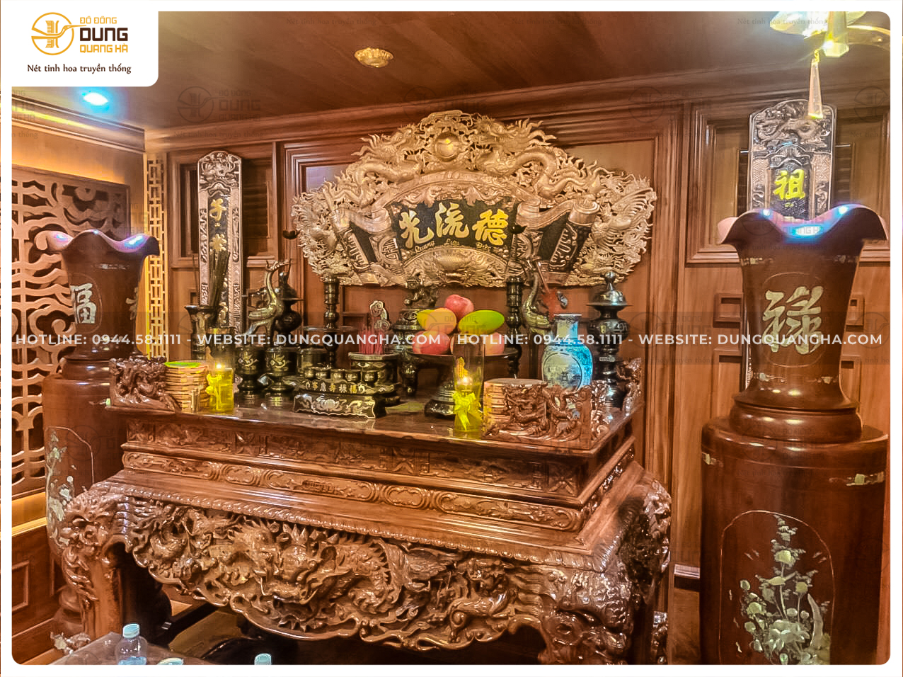 Bàn giao bộ đồ thờ khảm ngũ sắc + bộ cuốn thư câu đối dát chữ vàng tại biệt thự Vinhome Tân Cảng