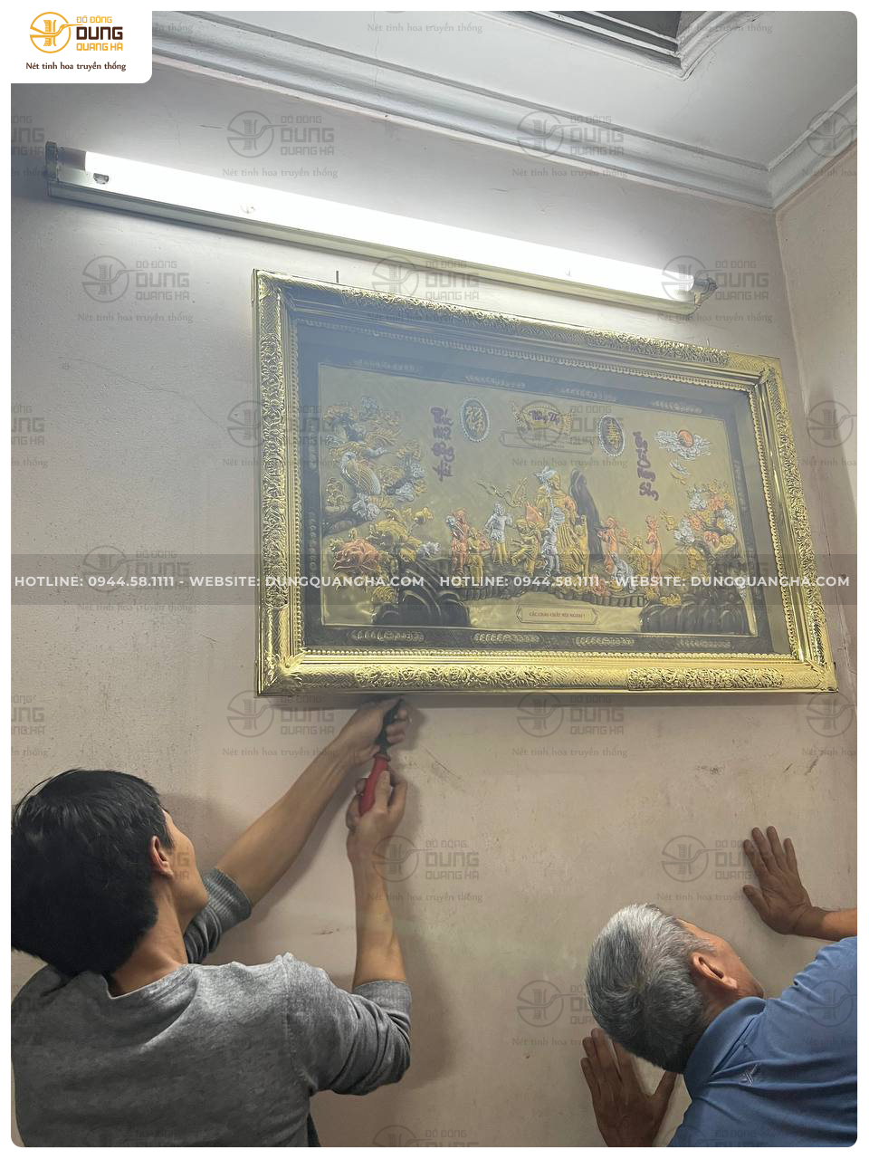 Đồ đồng Dung Quang Hà lắp đặt Tranh Mừng Thọ cho khách tại Gia Lâm - Hà Nội