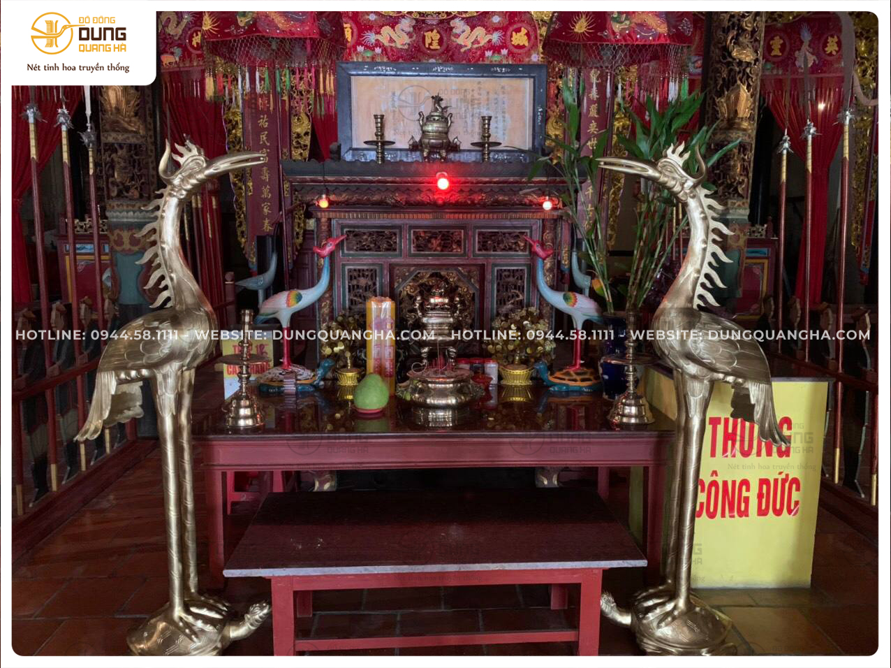 Đồ đồng Dung Quang Hà bàn giao đôi hạc catut 1m7 tại đình làng Long Đức - Trà Vinh