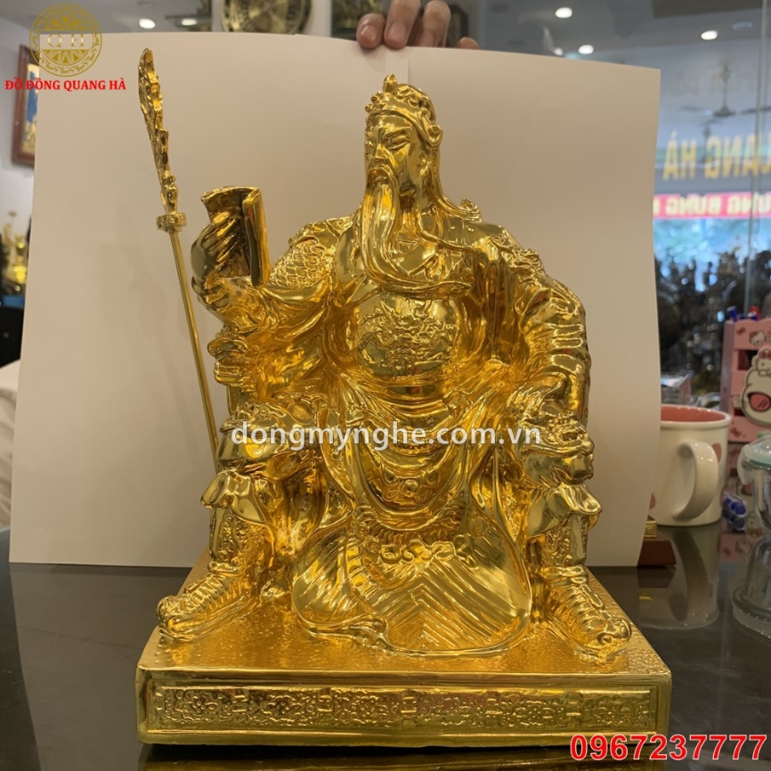 Tượng Quan Công đọc sách đồng vàng mạ vàng 24k cao 25cm