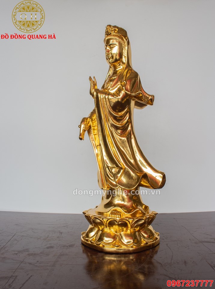Tượng Phật Quan Âm đứng bằng đồng thếp vàng 9999