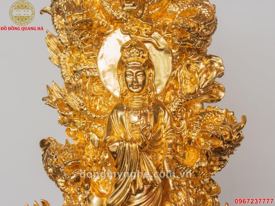 Tượng Phật Quan Âm tòa cửu long bằng đồng mạ vàng 24k