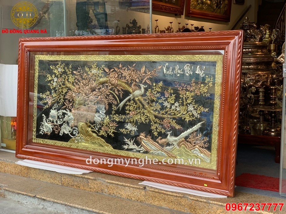 Tranh đồng Vinh Hoa Phú Quý khảm tam khí khung gỗ kính đẹp