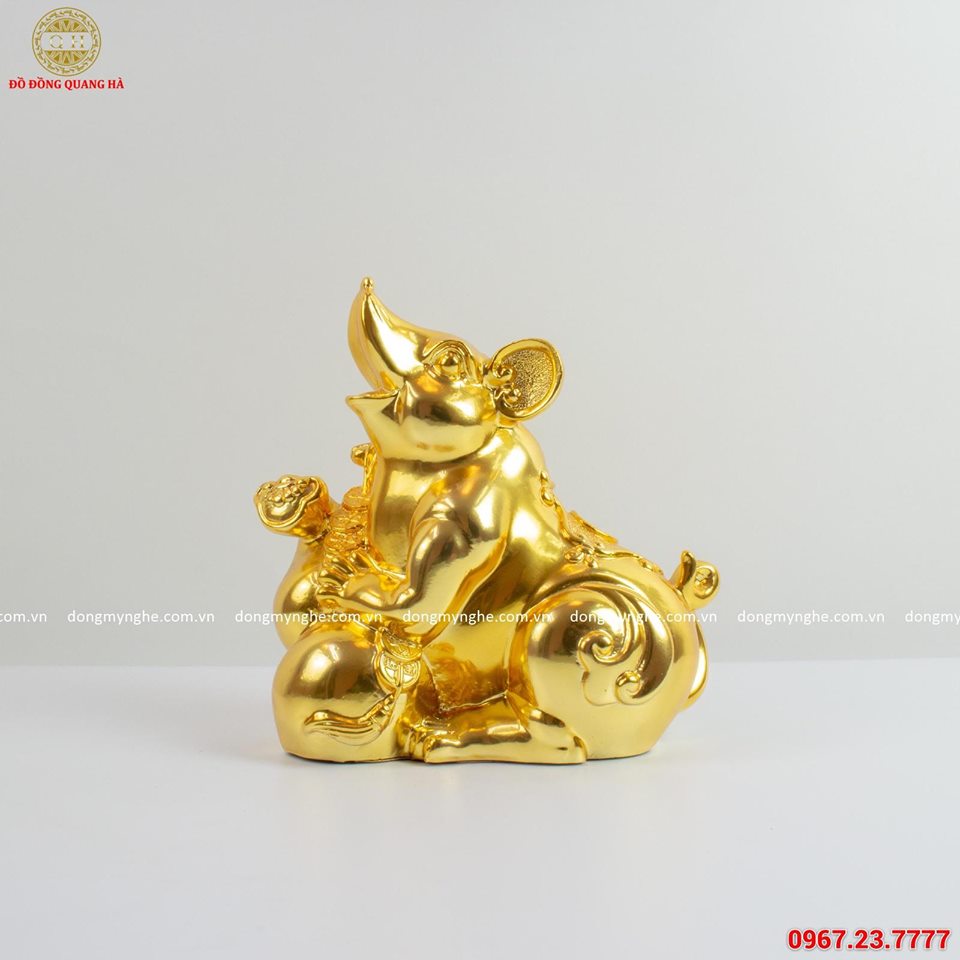 Tượng chuột mạ vàng 24k ôm túi tiền kèm đế gỗ trang trí cao cấp