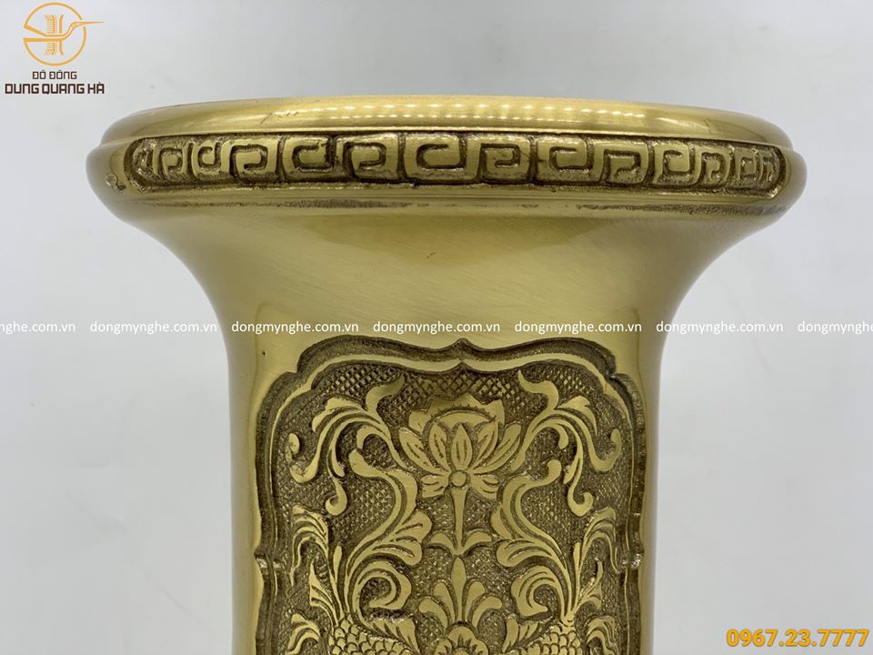 Ống hương bằng đồng vàng cao 33cm hoa văn độc đáo