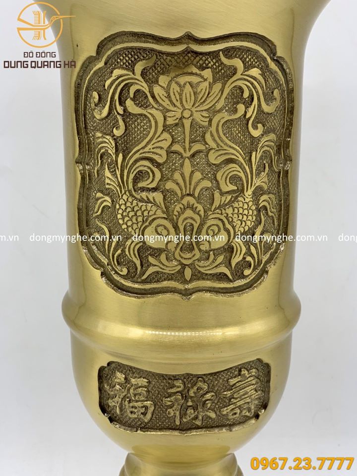 Ống hương bằng đồng vàng cao 33cm hoa văn độc đáo