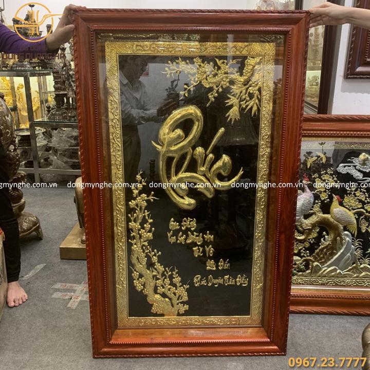 Tranh đồng chữ Phúc 1m25 x 75cm mạ vàng khung gỗ hương