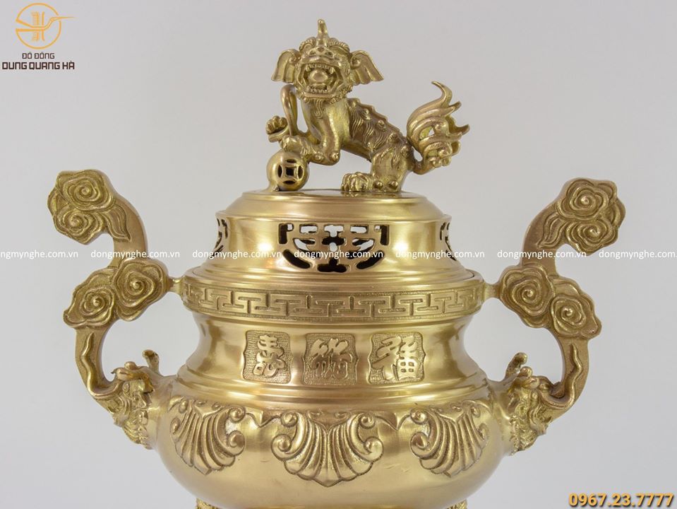 Bộ ngũ sự đồng vàng mộc chạm sòi chữ Hán đỉnh cao 45cm