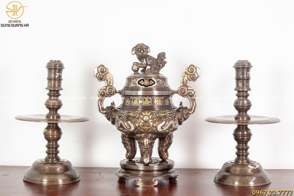 Bộ ngũ sự đồng đỏ khảm ngũ sắc đỉnh 50cm chạm rồng nổi