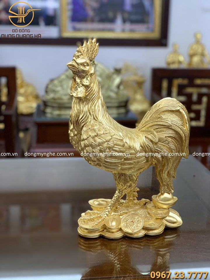 Tượng gà trống bằng đồng đỏ thếp vàng 9999 cao 47cm