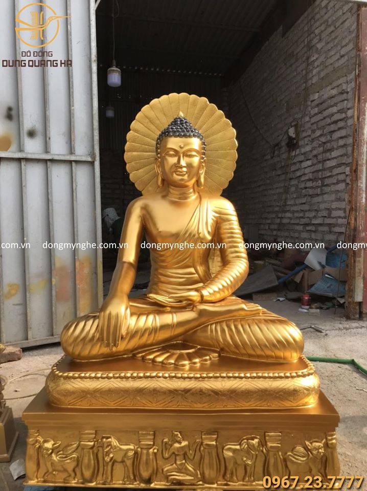 Tượng Phật Thích Ca đẹp bằng đồng đỏ dát vàng cao 90cm