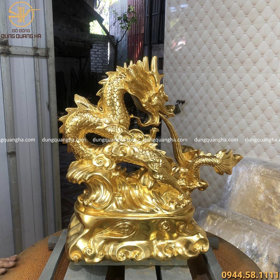 Tượng Rồng phong thủy bằng đồng vàng thếp vàng cao 40cm