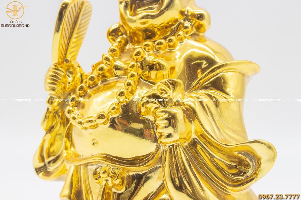 Tượng Di Lặc cầm túi tiền bằng đồng mạ vàng đẹp linh thiêng