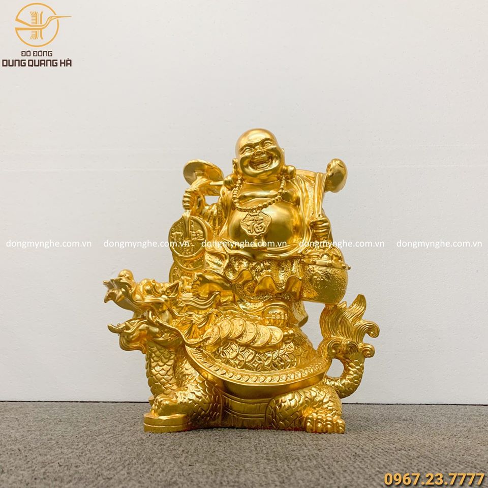Tượng Phật Di Lặc cưỡi long quy dát vàng 9999 cao 45cm