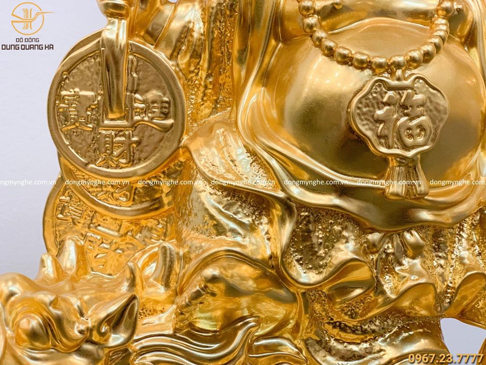 Tượng Phật Di Lặc cưỡi long quy dát vàng 9999 cao 45cm