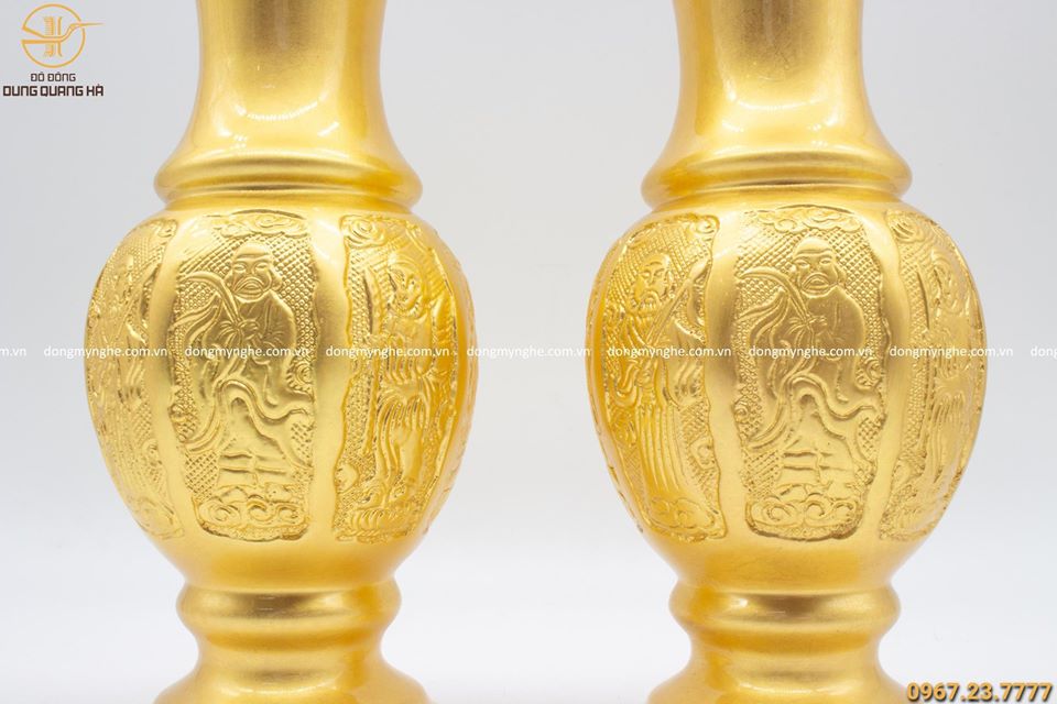 Đôi lọ hoa thờ bằng đồng mạ vàng 24k sắc nét cao 30cm