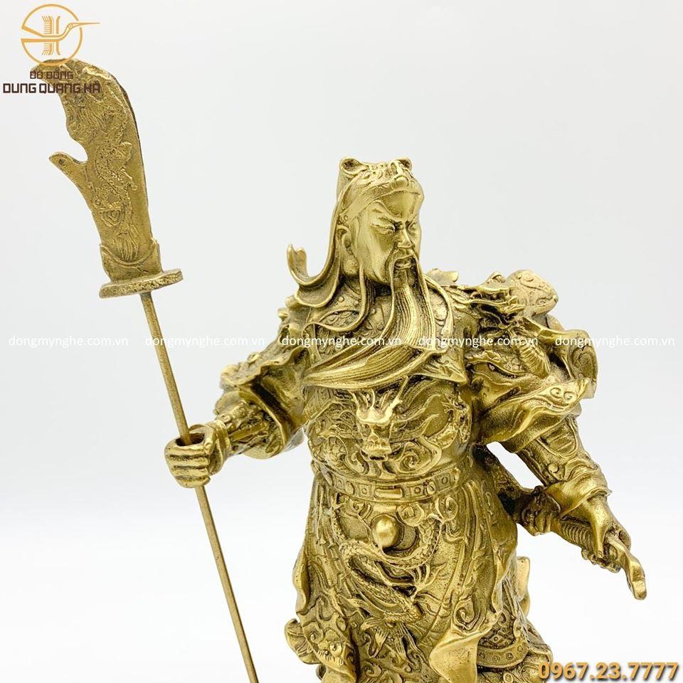 Tượng Quan Công đứng trên bệ rồng 5 cờ 26cm bằng đồng vàng
