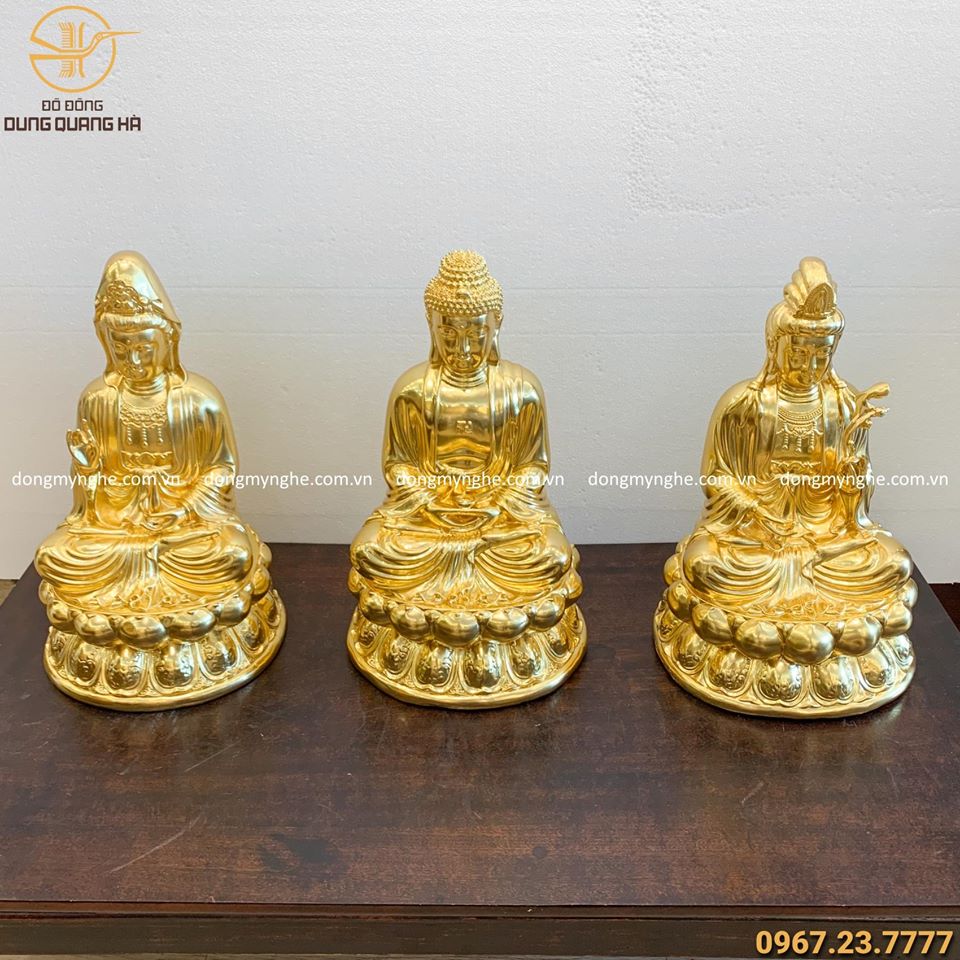 Bộ tượng tam thánh Phật dát vàng cao 47cm đẹp tôn nghiêm