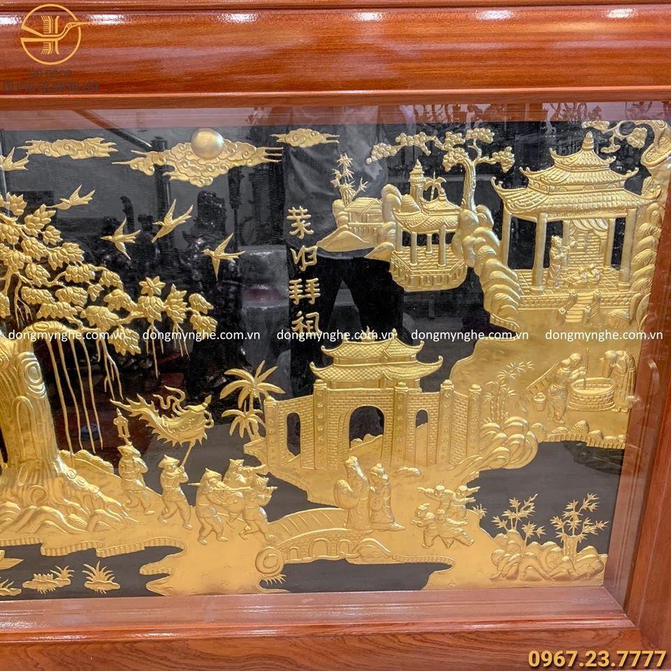 Tranh đồng Vinh Quy Bái Tổ 2m3 dát vàng khung gỗ cao cấp