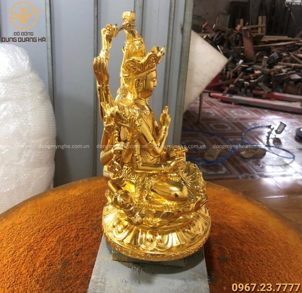 Tượng Phật Chuẩn Đề đẹp bằng đồng thếp vàng cao 29cm