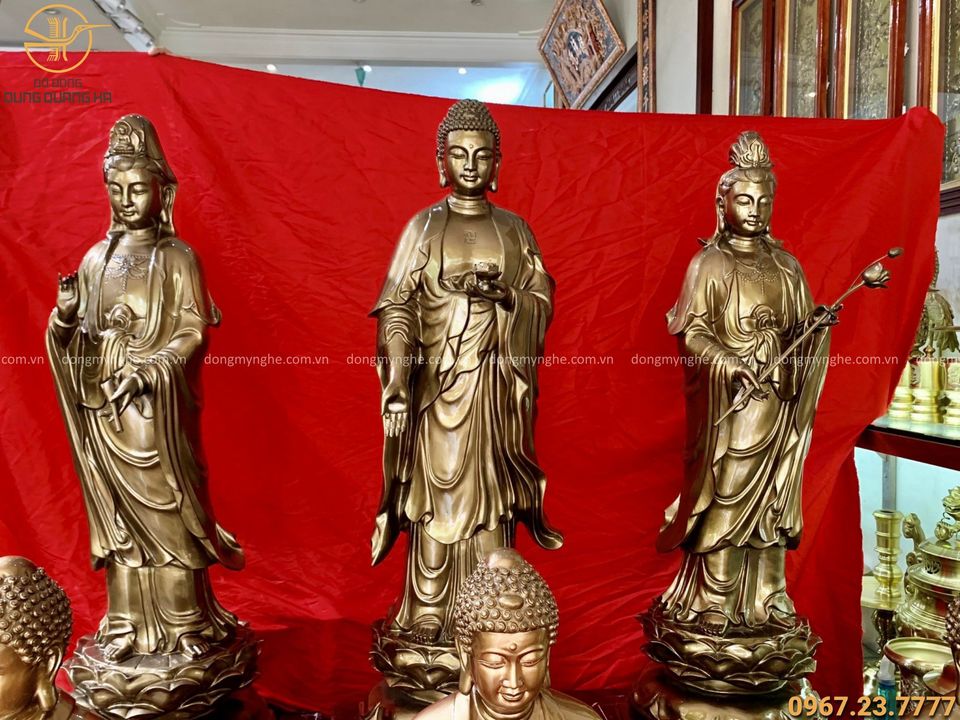 Tượng tam Thánh Phật đứng bằng đồng đỏ cao 1m08 tôn nghiêm
