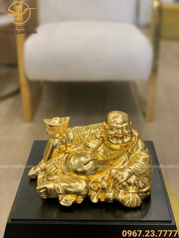 Tượng Phật Di Lặc đẹp bằng đồng nằm thếp vàng độc đáo