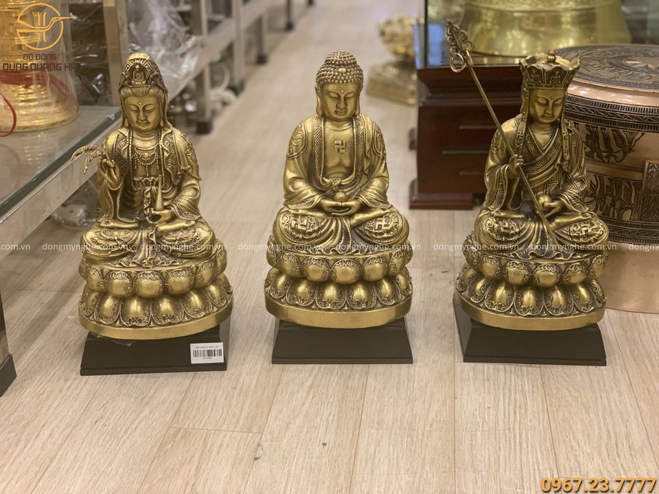 Bộ tam Thánh Phật ngồi thiền bằng đồng cổ kính cao 30cm