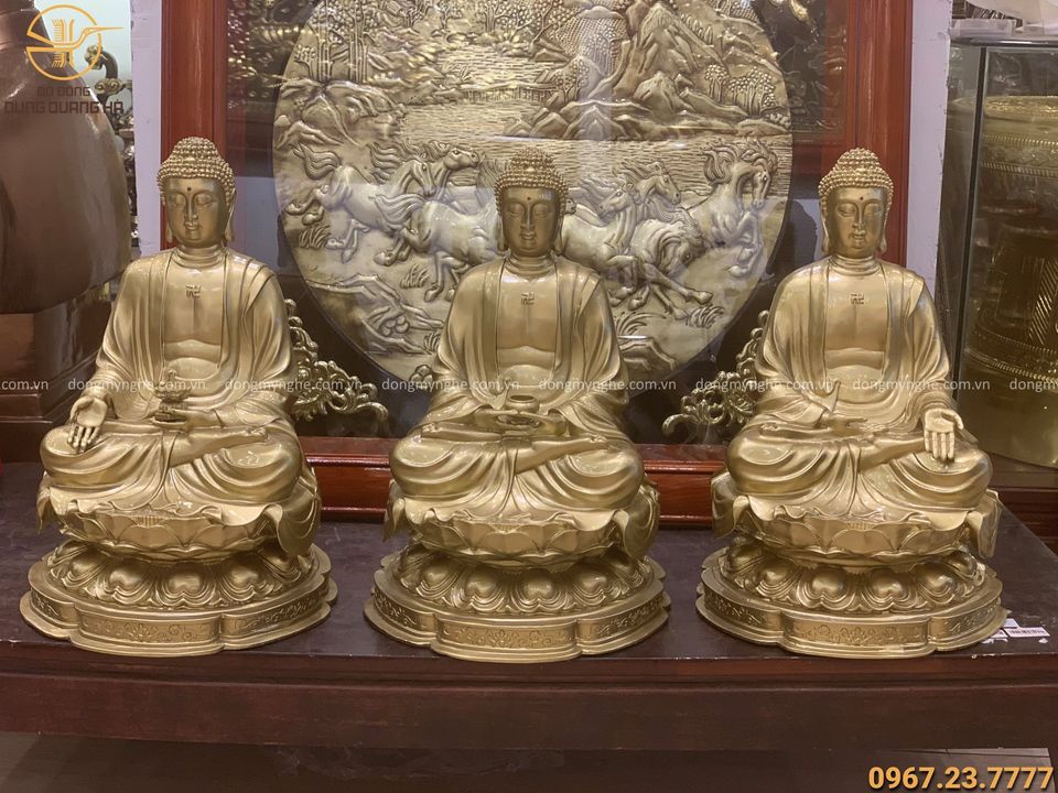 Bộ Tam Thế Phật bằng đồng vàng cao 42cm đẹp tôn nghiêm