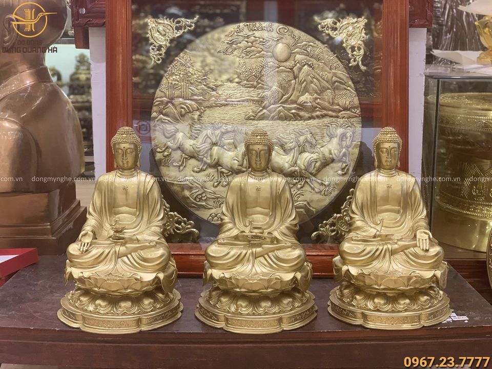 Bộ Tam Thế Phật bằng đồng vàng cao 42cm đẹp tôn nghiêm