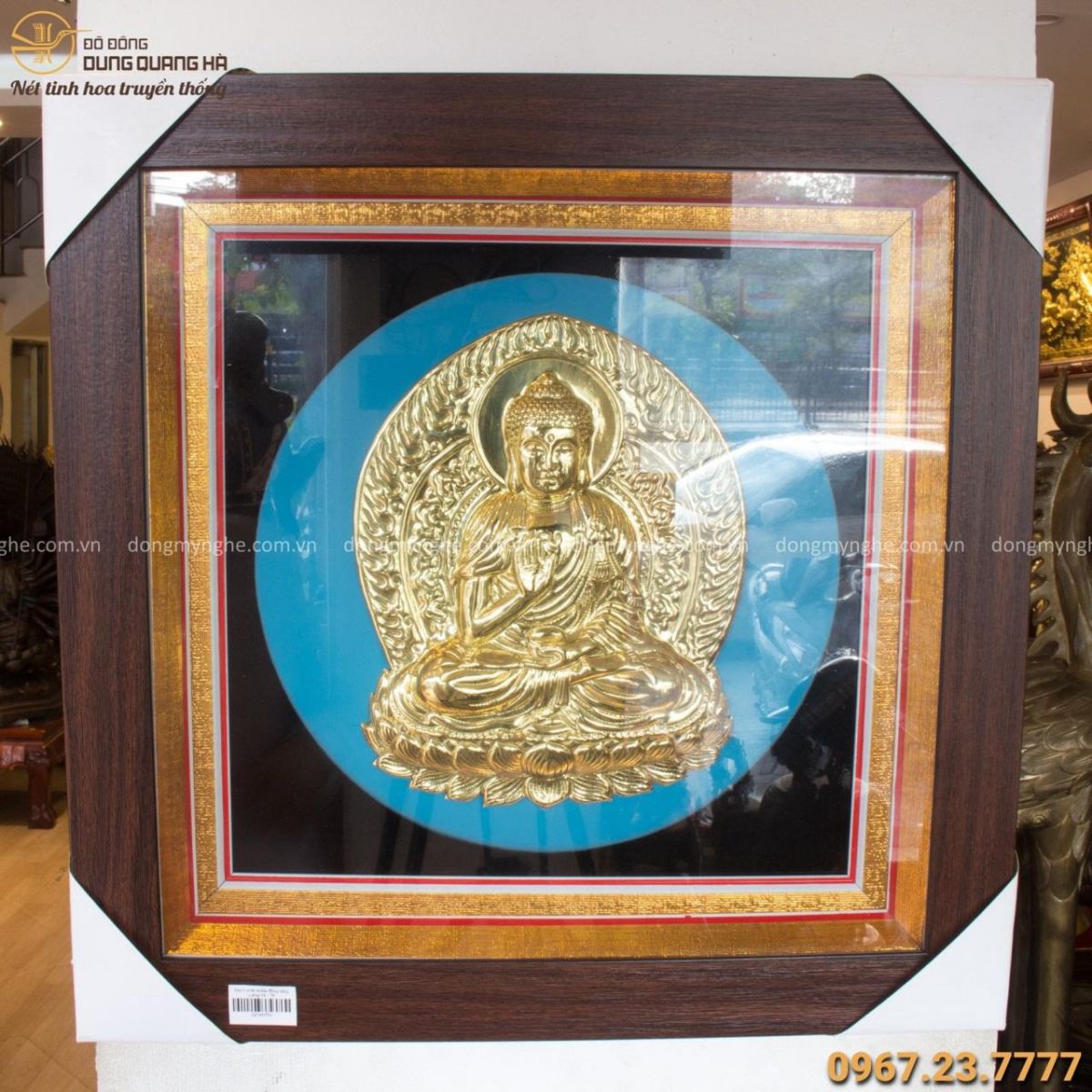 Tranh Phật Adida bằng đồng vàng khung vuông cạnh 49cm