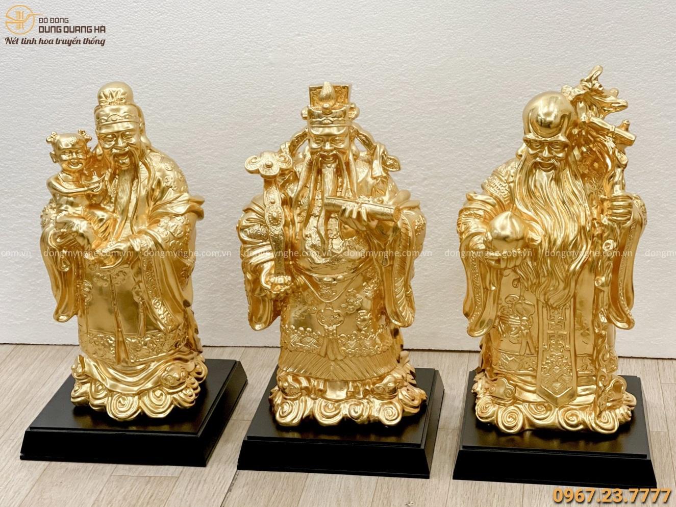 Bộ tượng Phúc Lộc Thọ đẹp bằng đồng dát vàng 9999 cao 40cm