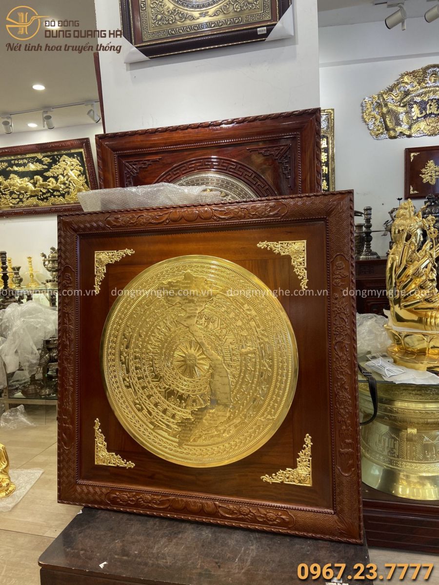 Mặt trống đồng bản đồ Việt Nam 90cm thếp vàng khung gỗ gụ 1m33