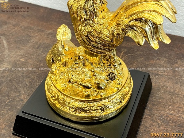 Tượng gà phú quý tài lộc bằng đồng cao 21cm mạ vàng 24k