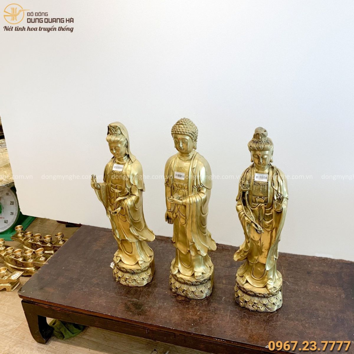 Bộ tượng Tây Phương Tam Thánh bằng đồng vàng mộc tôn nghiêm