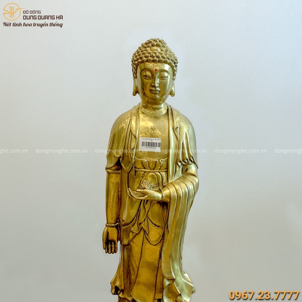 Tượng Phật A Di Đà đứng tôn nghiêm bằng đồng vàng 62x16cm