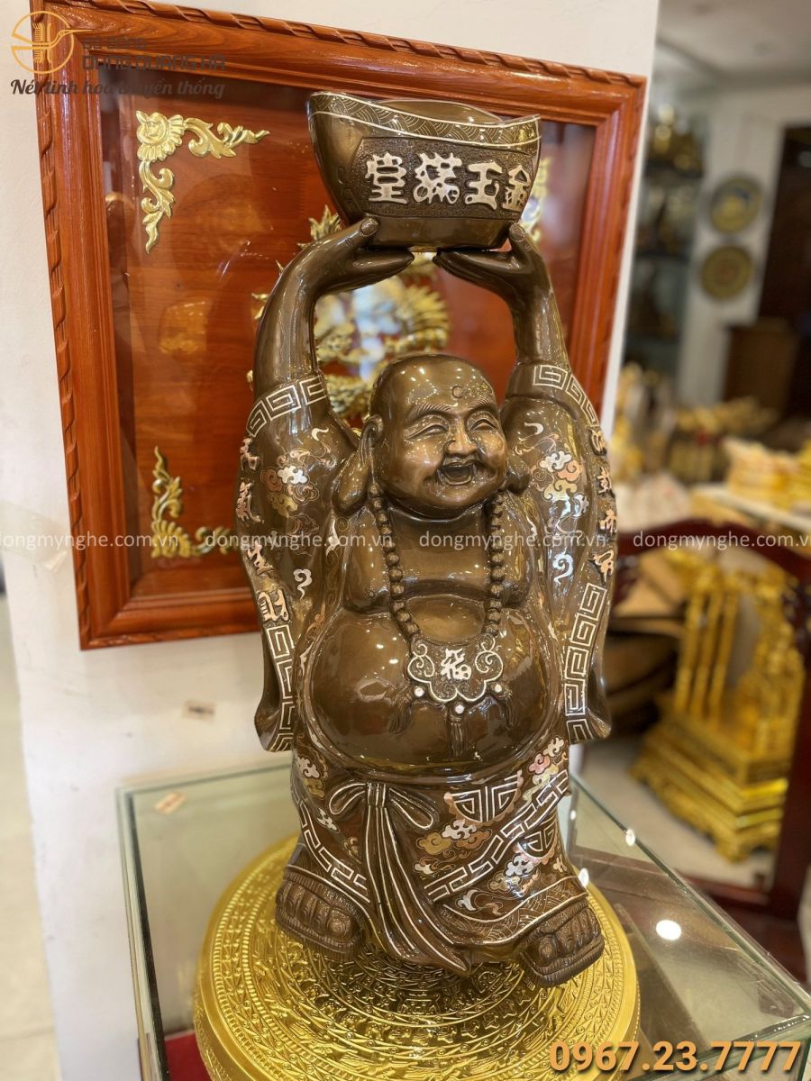 Tượng Phật Di Lặc phúc lộc bằng đồng đỏ khảm tam khí cao 70cm
