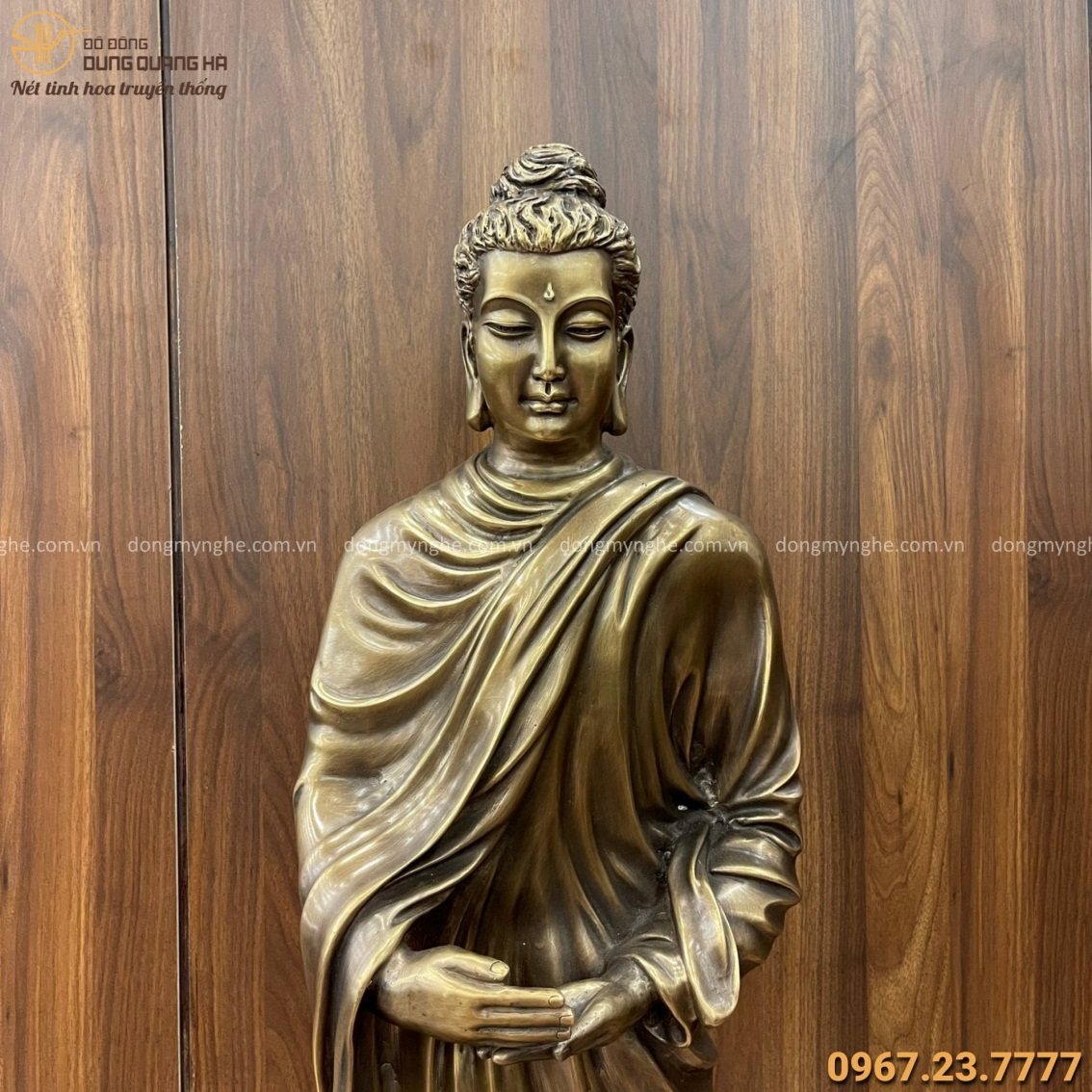 Tượng Phật Khất Thực tinh xảo đồng vàng hun giả cổ cao 93cm