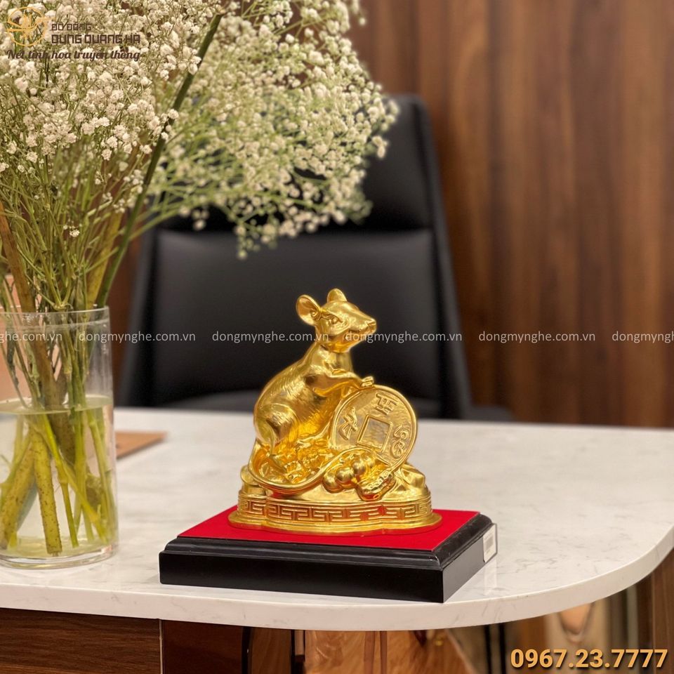 Tượng Chuột phong thủy bằng đồng catut thếp vàng 17x16 cm