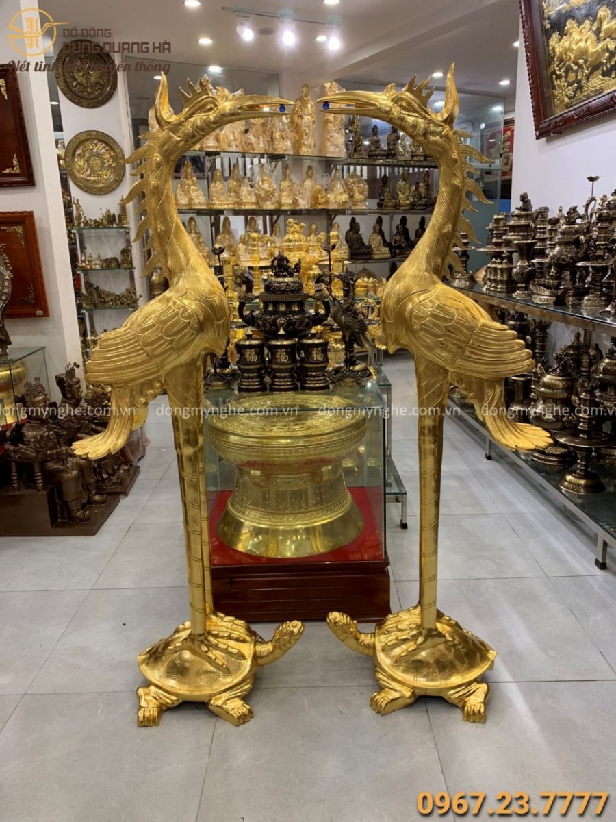 Đôi hạc đồng thờ cúng cỡ lớn cao 1m72 thếp vàng trang nghiêm