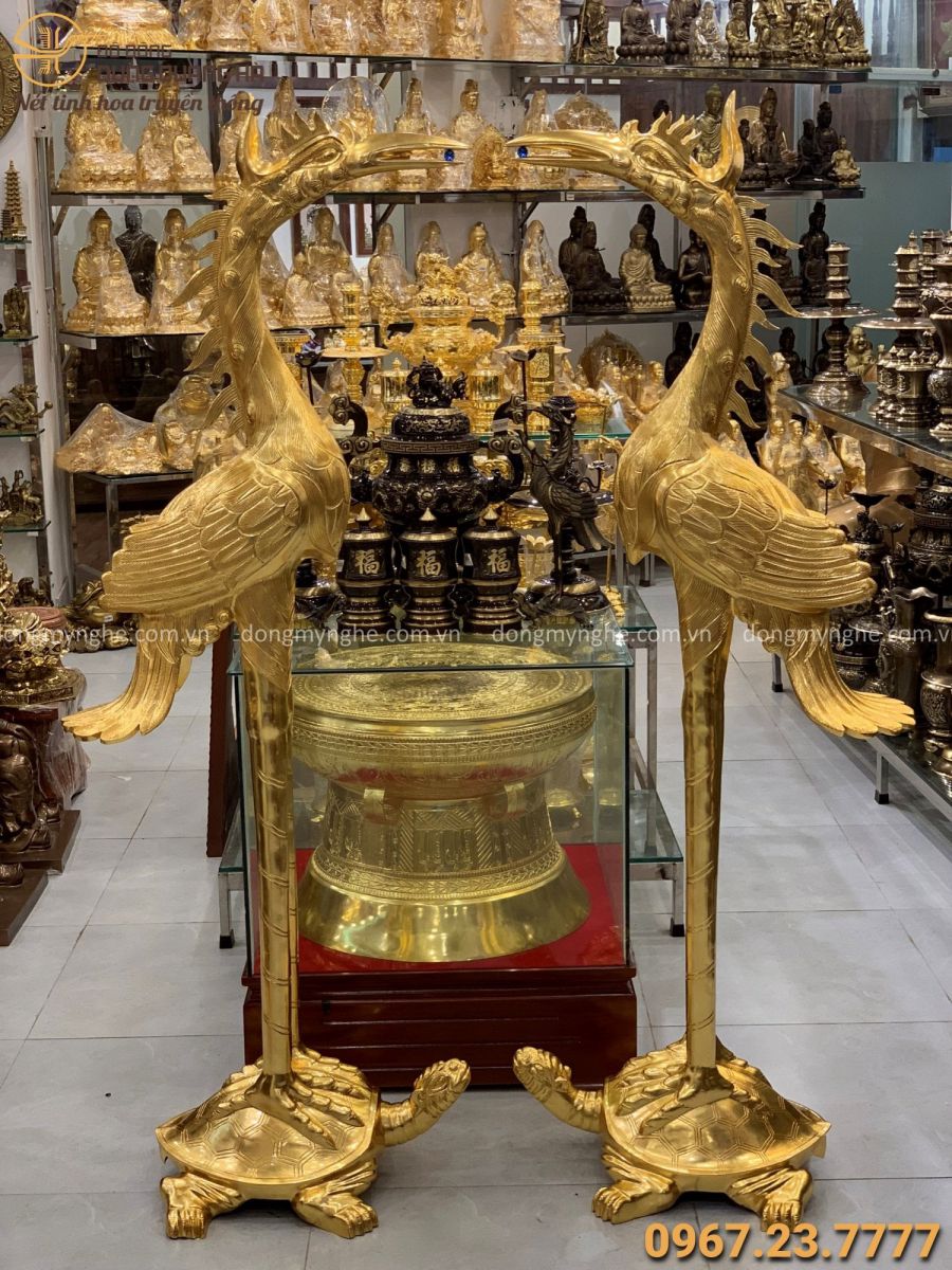 Đôi hạc đồng thờ cúng cỡ lớn cao 1m72 thếp vàng trang nghiêm